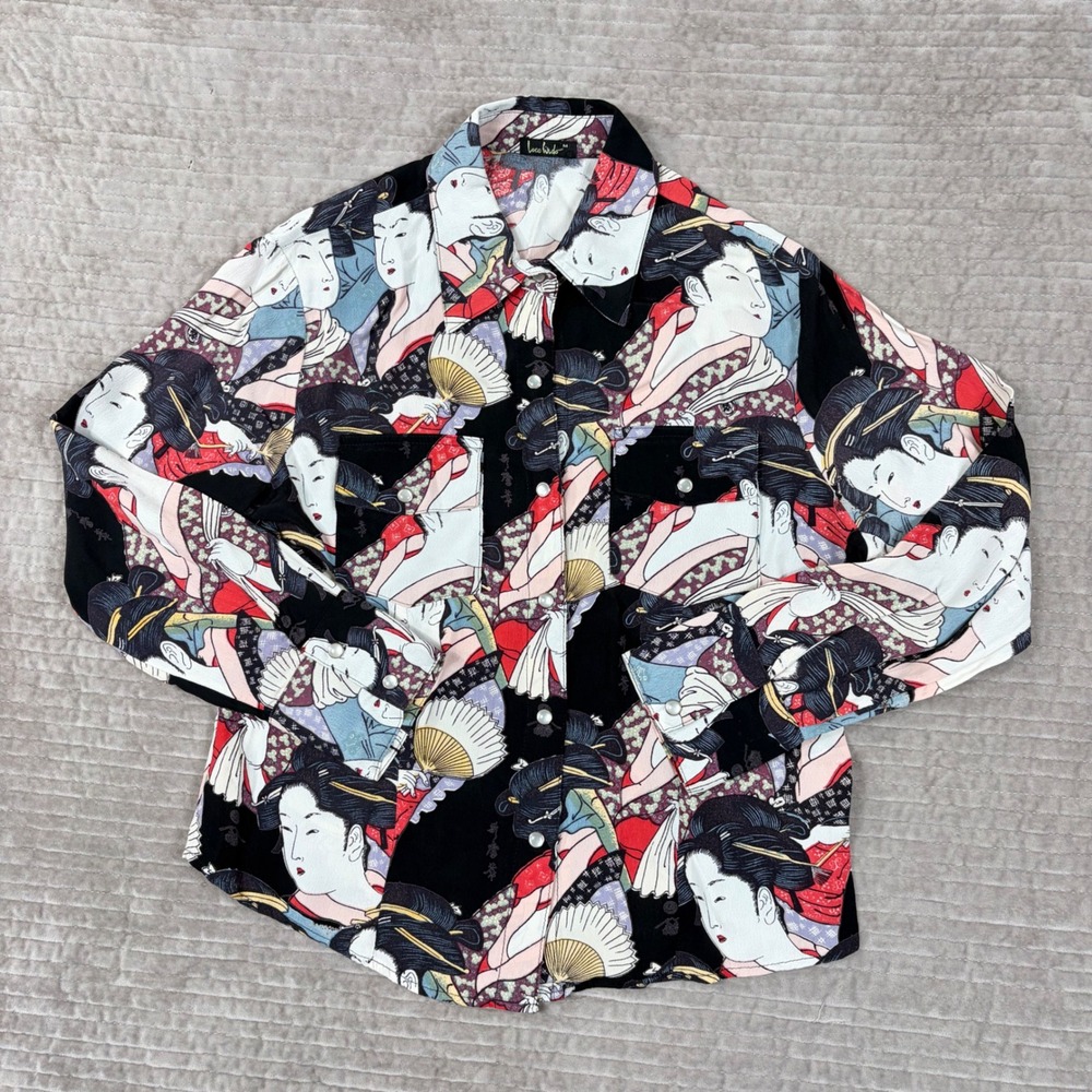 Loco Lindo Geisha Print Rayon Button Front Shirt Medium Black Red Made in USA